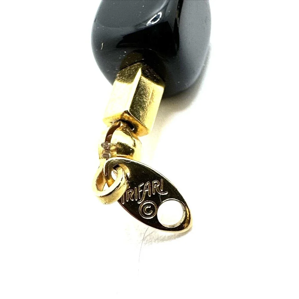 Vintage Trifari Black Lucite Necklace Long Bead Gold Tone Accent Statement 30